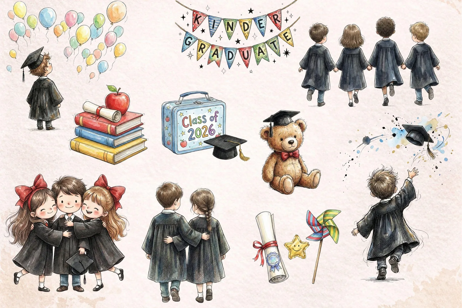 Little Graduates Clipart Bundle 30 PNG Kindergarten Graduation Kids Watercolor Hand Drawn Cliparts digital download preview by Cute & Co.