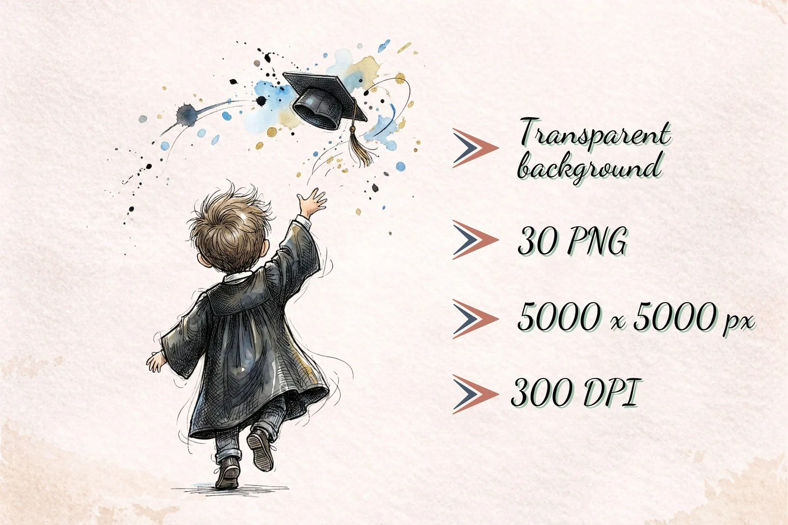 Little Graduates Clipart Bundle 30 PNG Kindergarten Graduation Kids Watercolor Hand Drawn Cliparts digital download preview by Cute & Co.