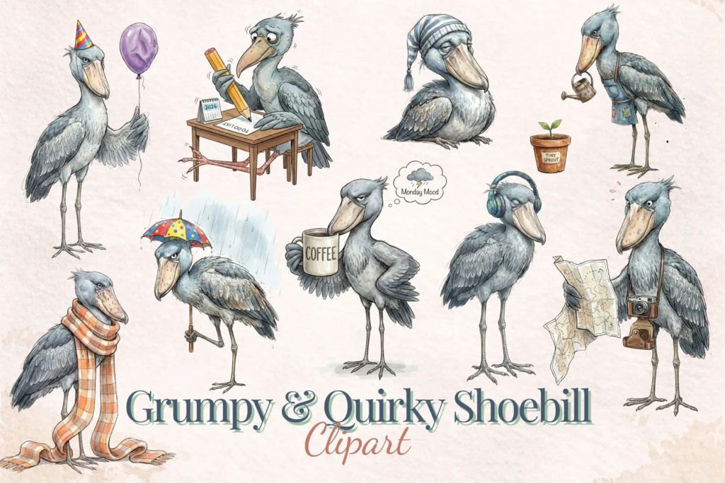 Grumpy Quirky Shoebill Clipart Bundle Funny Bird PNG Watercolor Hand Drawn Sticker Art Cliparts digital download preview by Cute & Co.