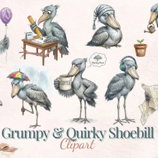 Grumpy Quirky Shoebill Clipart Bundle Funny Bird PNG Watercolor Hand Drawn Sticker Art Cliparts digital download preview by Cute & Co.