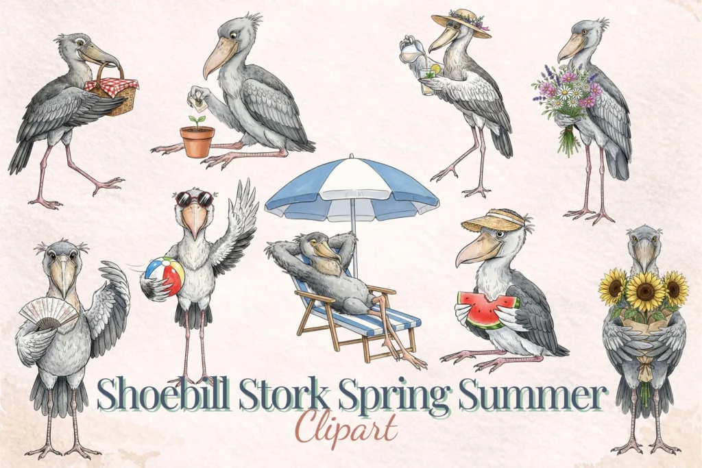 Shoebill Stork Spring Summer Clipart Funny Bird PNG Watercolor Vacation Flower Bouquet Sublimation Cliparts digital download preview by Cute & Co.