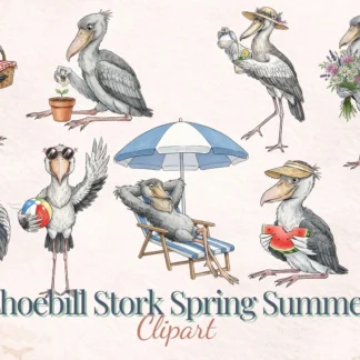 Shoebill Stork Spring Summer Clipart Funny Bird PNG Watercolor Vacation Flower Bouquet Sublimation Cliparts digital download preview by Cute & Co.
