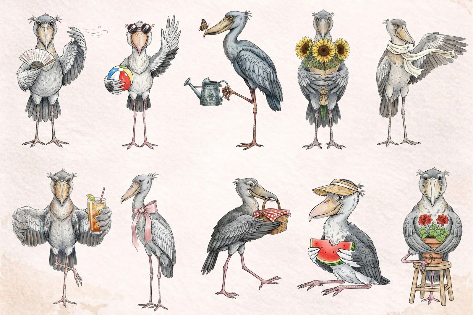 Shoebill Stork Spring Summer Clipart Funny Bird PNG Watercolor Vacation Flower Bouquet Sublimation Cliparts digital download preview by Cute & Co.