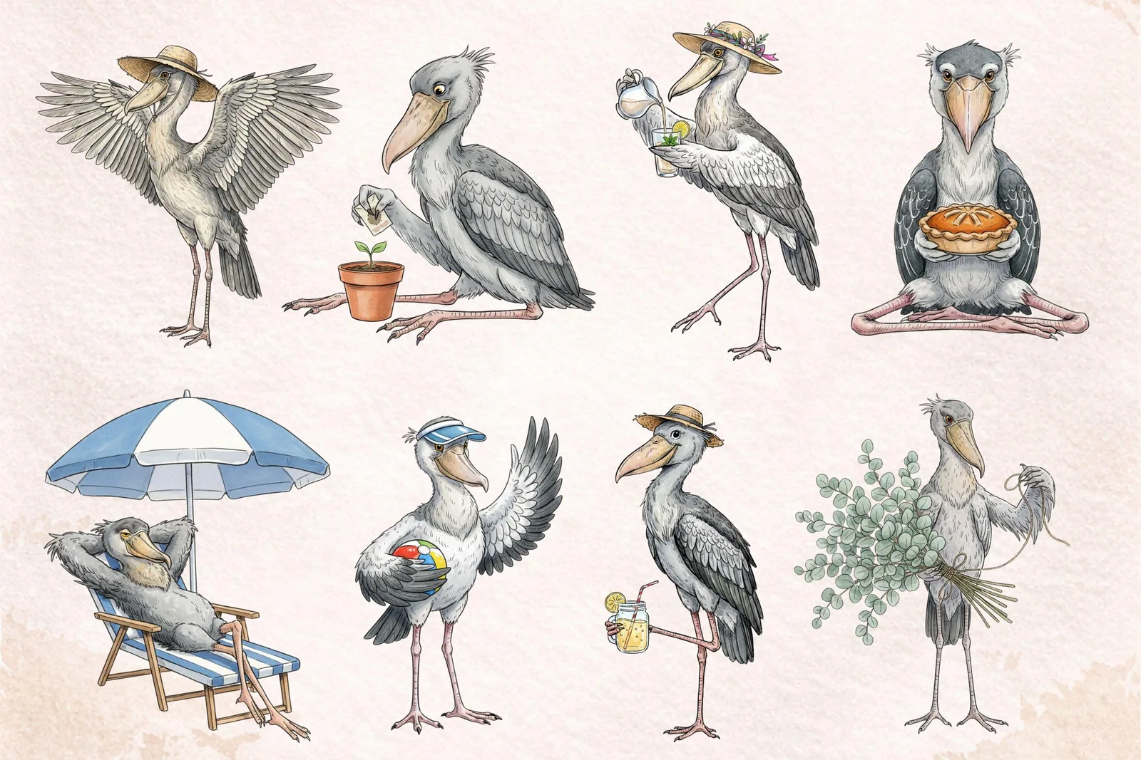 Shoebill Stork Spring Summer Clipart Funny Bird PNG Watercolor Vacation Flower Bouquet Sublimation Cliparts digital download preview by Cute & Co.
