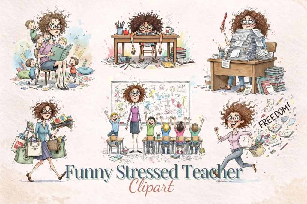 Funny Stressed Teacher Clipart Bundle Frazzled School Life PNG Watercolor Sticker Sublimation Cliparts digital download preview by Cute & Co.