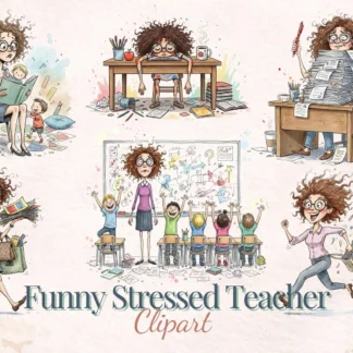 Funny Stressed Teacher Clipart Bundle Frazzled School Life PNG Watercolor Sticker Sublimation