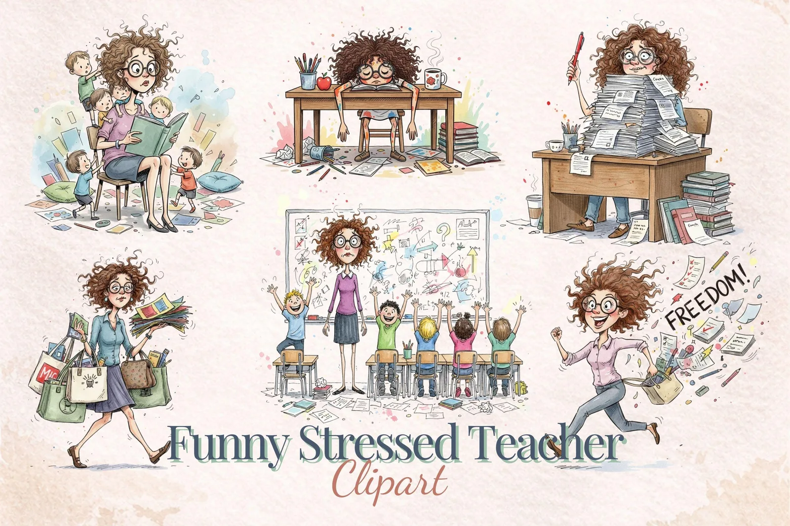 Funny Stressed Teacher Clipart Bundle Frazzled School Life PNG Watercolor Sticker Sublimation Cliparts digital download preview by Cute & Co.