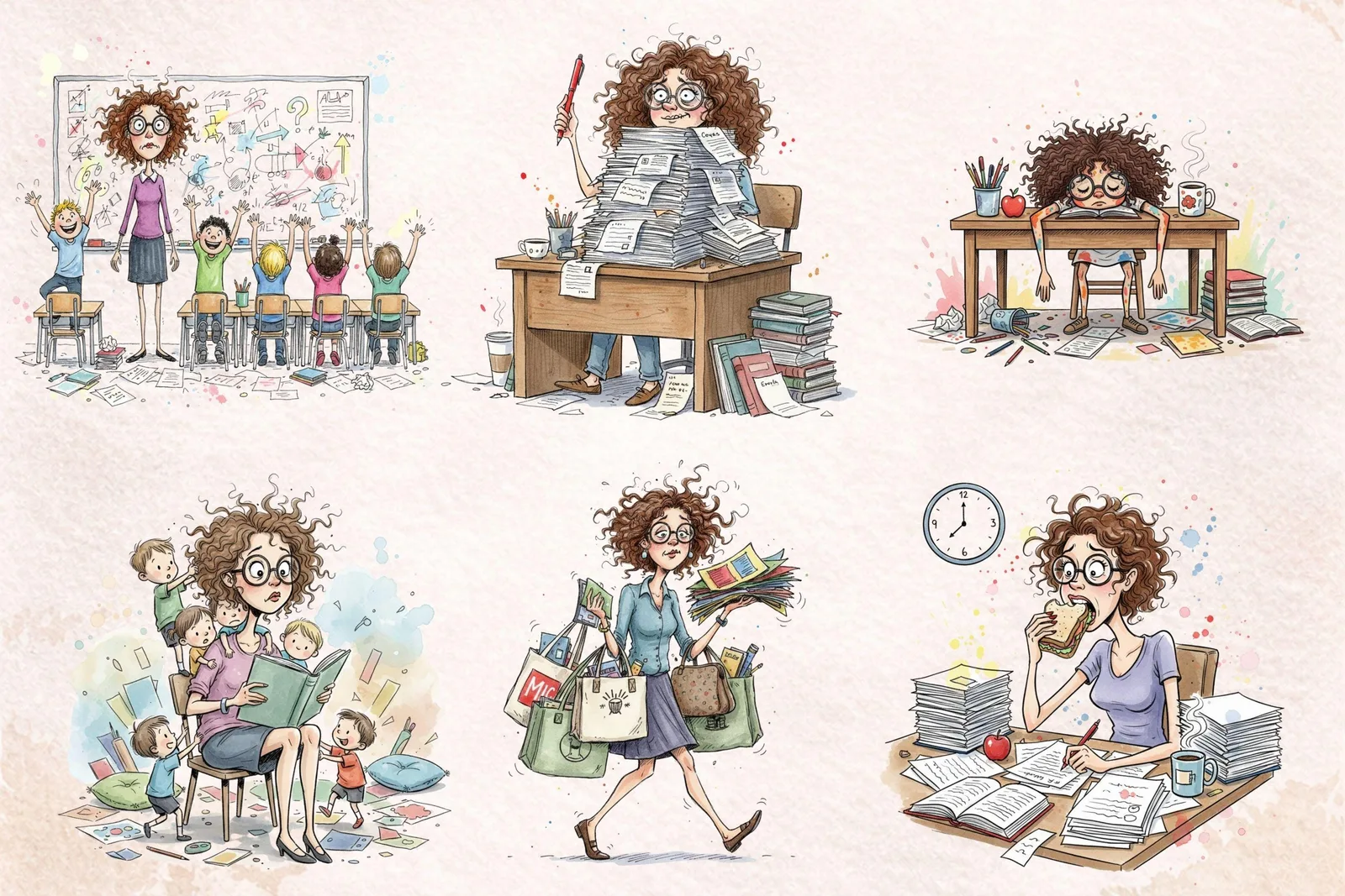 Funny Stressed Teacher Clipart Bundle Frazzled School Life PNG Watercolor Sticker Sublimation