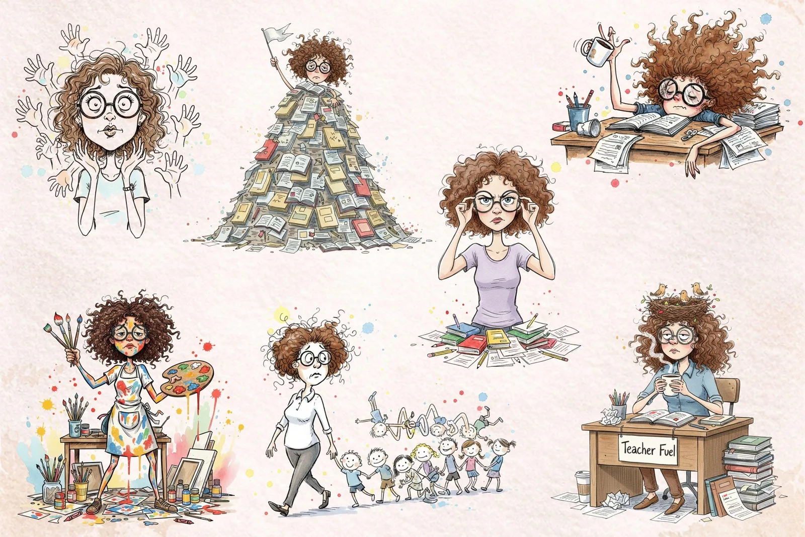 Funny Stressed Teacher Clipart Bundle Frazzled School Life PNG Watercolor Sticker Sublimation
