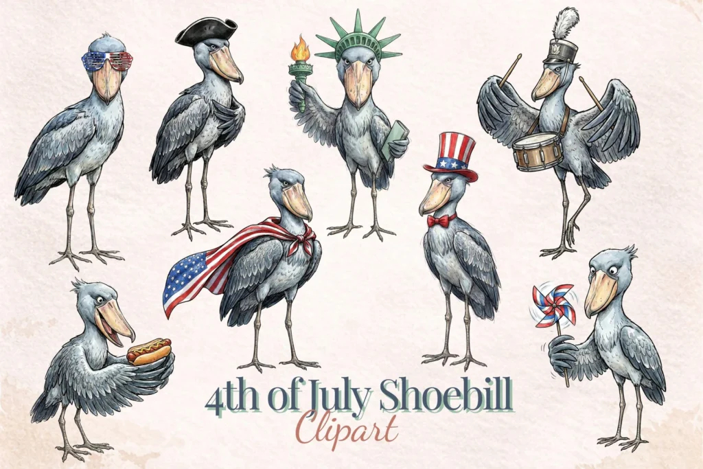 4th of July Shoebill Clipart Funny Patriotic Bird PNG USA Independence Day Sublimation Cliparts digital download preview by Cute & Co.