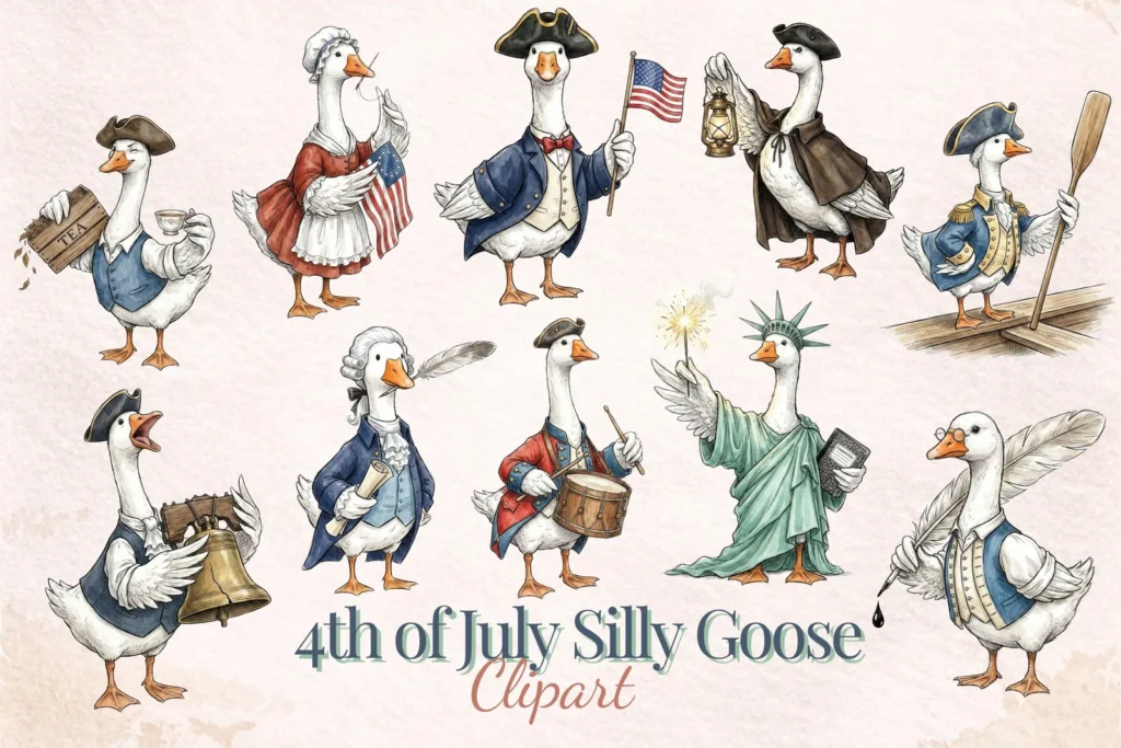 4th of July Silly Goose Clipart Funny Patriotic Bird PNG Independence Sublimation Cliparts digital download preview by Cute & Co.