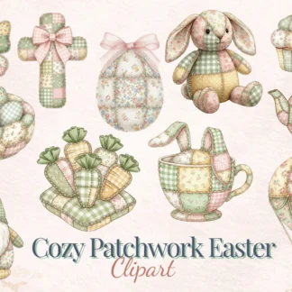 Cozy Patchwork Easter Clipart, Watercolor Fabric Bunny, Quilted Eggs, Soft Pastel Spring Graphics Cliparts digital download preview by Cute & Co.