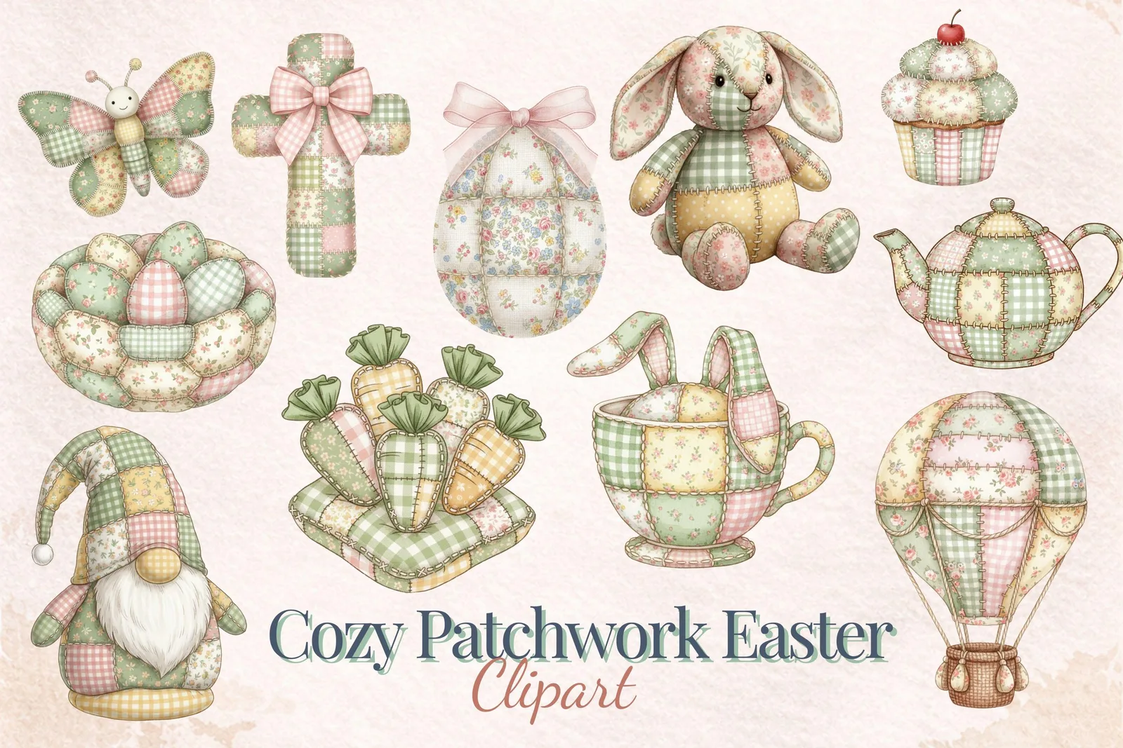 Cozy Patchwork Easter Clipart, Watercolor Fabric Bunny, Quilted Eggs, Soft Pastel Spring Graphics Cliparts digital download preview by Cute & Co.