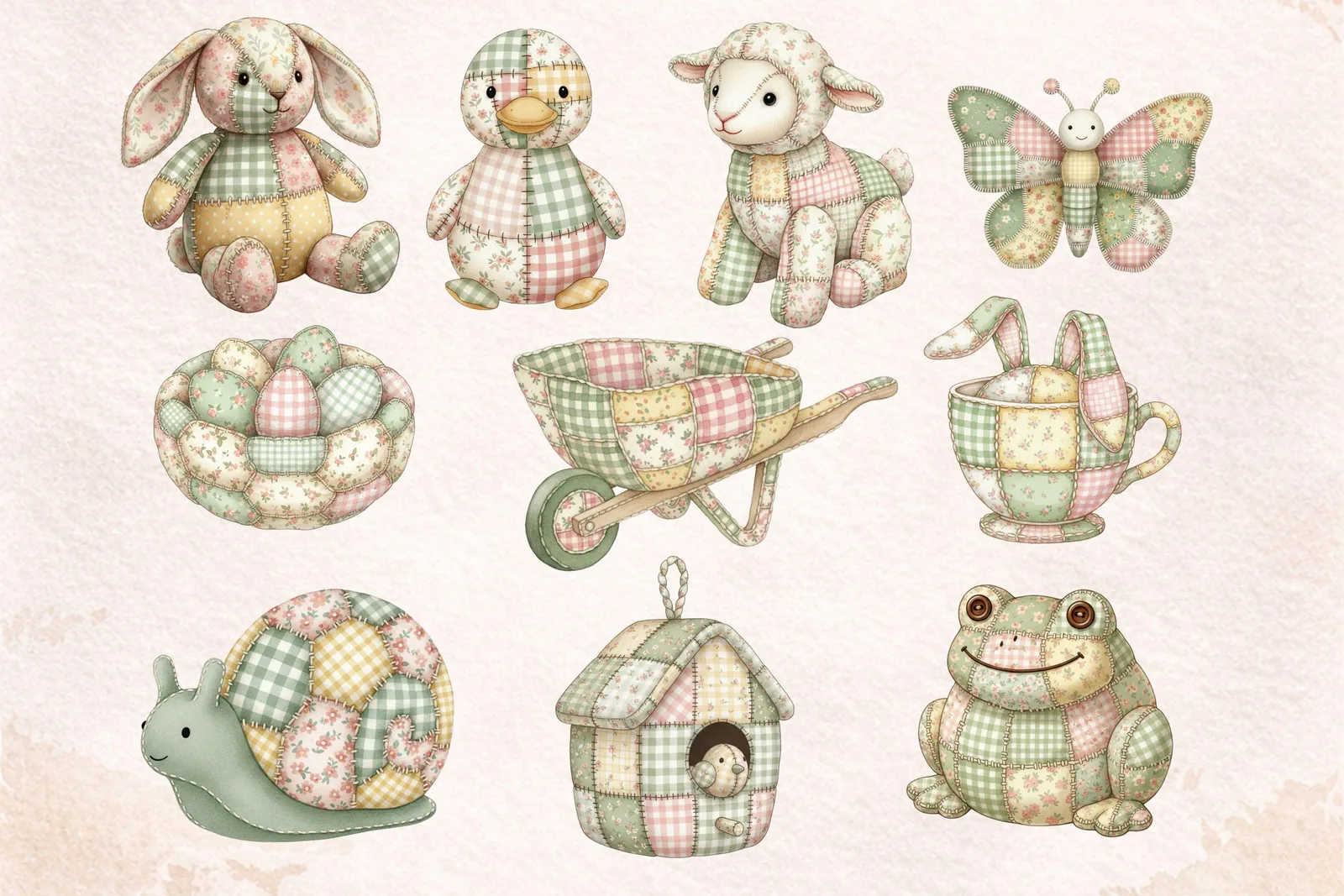 Cozy Patchwork Easter Clipart, Watercolor Fabric Bunny, Quilted Eggs, Soft Pastel Spring Graphics Cliparts digital download preview by Cute & Co.