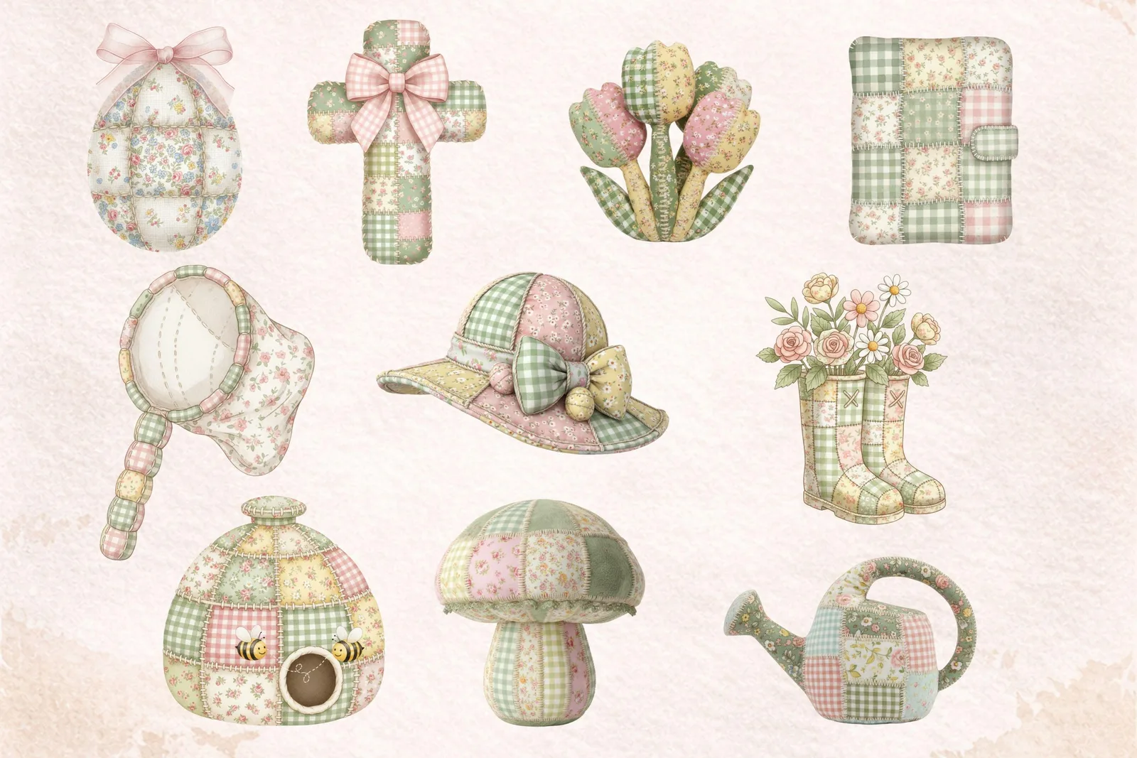 Cozy Patchwork Easter Clipart, Watercolor Fabric Bunny, Quilted Eggs, Soft Pastel Spring Graphics Cliparts digital download preview by Cute & Co.