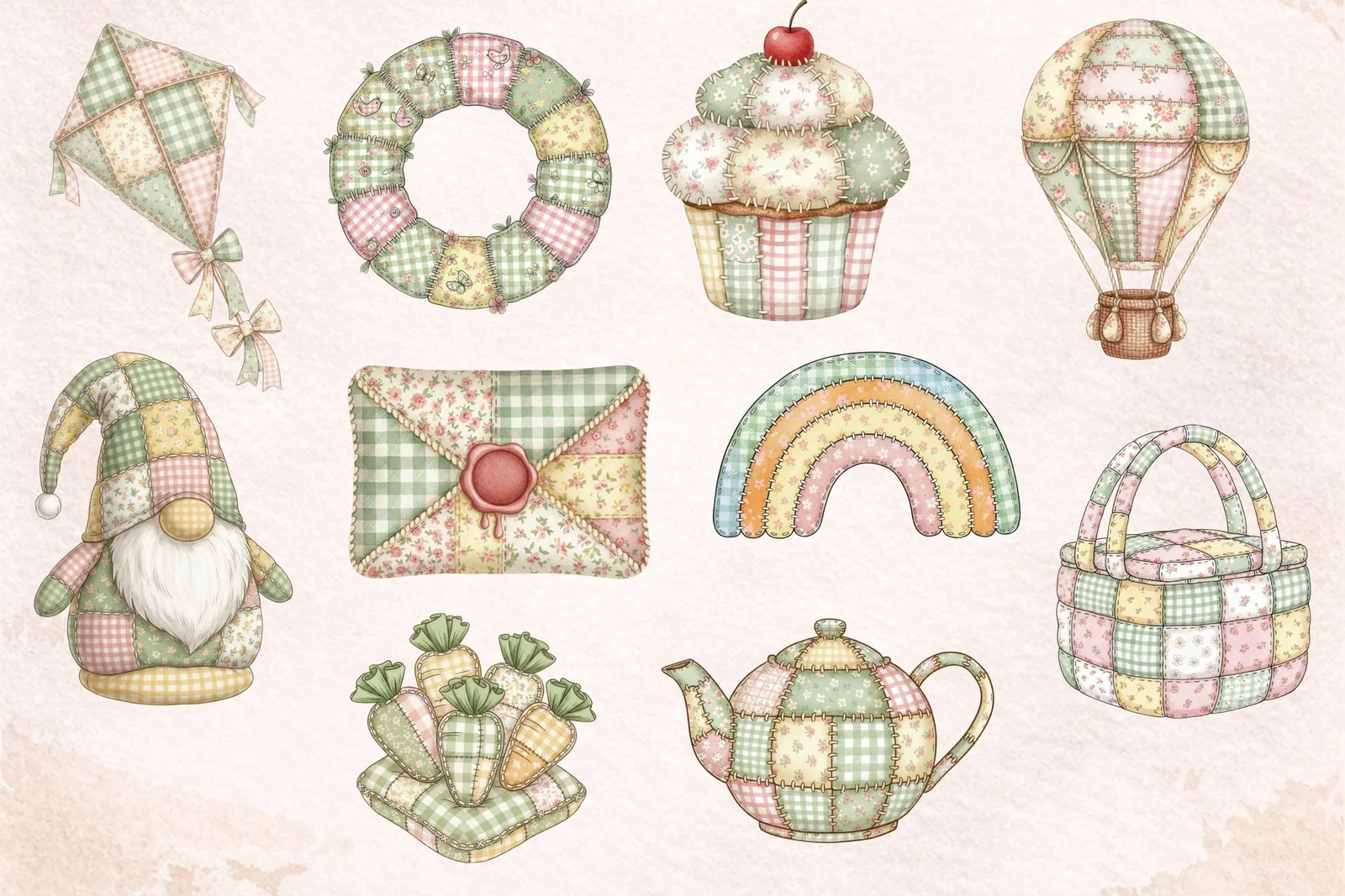 Cozy Patchwork Easter Clipart, Watercolor Fabric Bunny, Quilted Eggs, Soft Pastel Spring Graphics Cliparts digital download preview by Cute & Co.