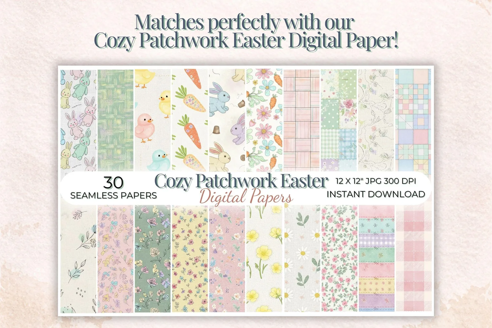 Cozy Patchwork Easter Clipart, Watercolor Fabric Bunny, Quilted Eggs, Soft Pastel Spring Graphics Cliparts digital download preview by Cute & Co.