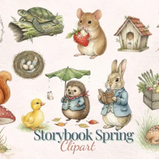 Vintage Storybook Spring Clipart, Beatrix Potter Style Easter Bunny, Rustic Cottagecore Watercolor Graphics