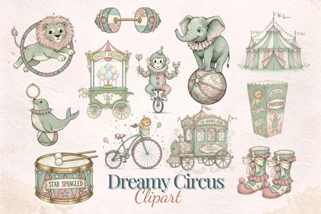 Vintage Pastel Circus Clipart, Whimsical Animals, Nursery Decor (Digital Download) Cliparts digital download preview by Cute & Co.