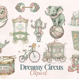 Vintage Pastel Circus Clipart, Whimsical Animals, Nursery Decor (Digital Download)