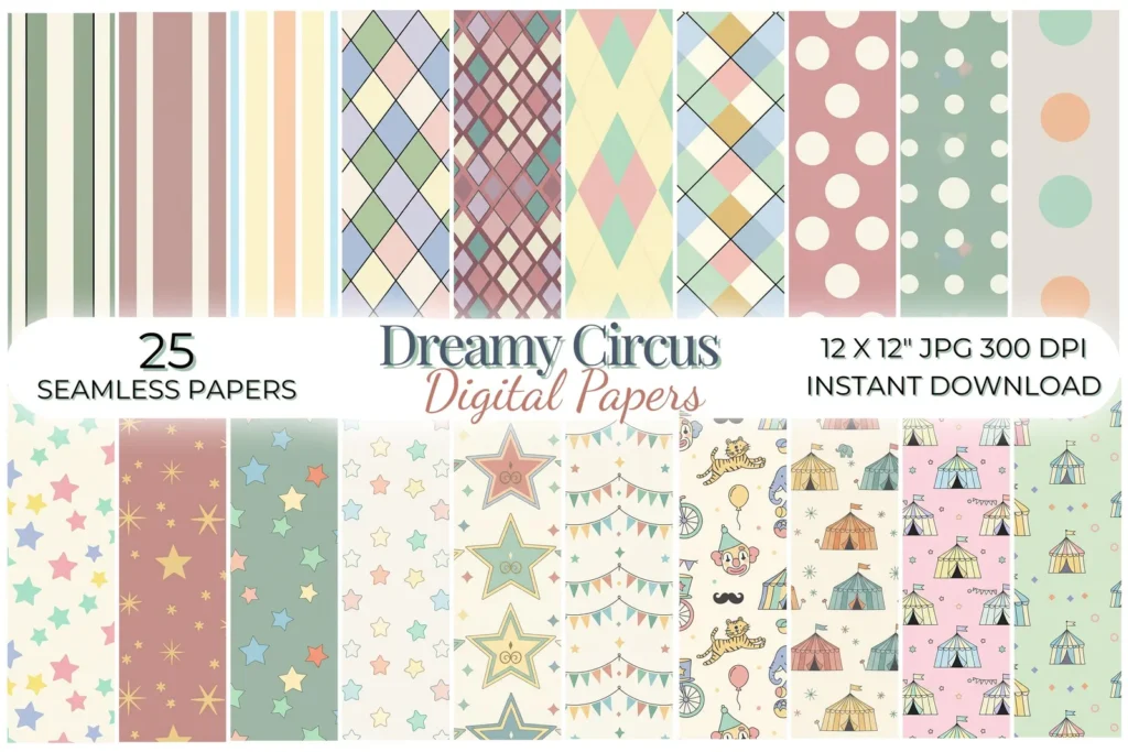 Vintage Circus Digital Paper, Pastel FunHaus Seamless Patterns, Whimsical Backgrounds Digital Papers digital download preview by Cute & Co.