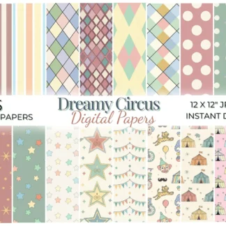 Vintage Circus Digital Paper, Pastel FunHaus Seamless Patterns, Whimsical Backgrounds Digital Papers digital download preview by Cute & Co.