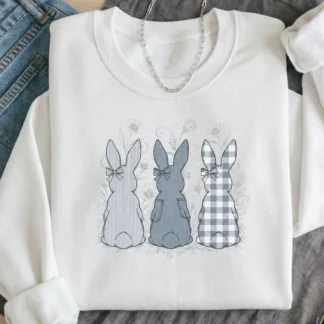 Dusty Blue Easter Bunny Trio PNG, Denim Checkered Striped Rabbit Clipart, Coquette Sublimation Design Cliparts digital download preview by Cute & Co.