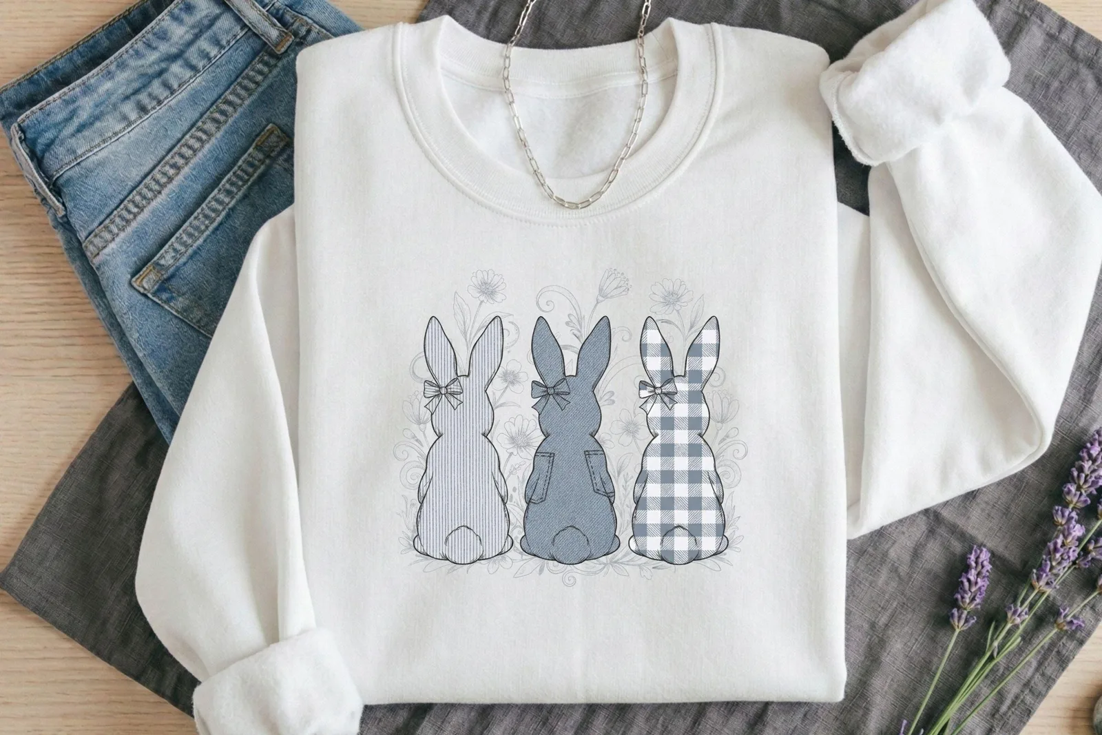 Dusty Blue Easter Bunny Trio PNG, Denim Checkered Striped Rabbit Clipart, Coquette Sublimation Design Cliparts digital download preview by Cute & Co.