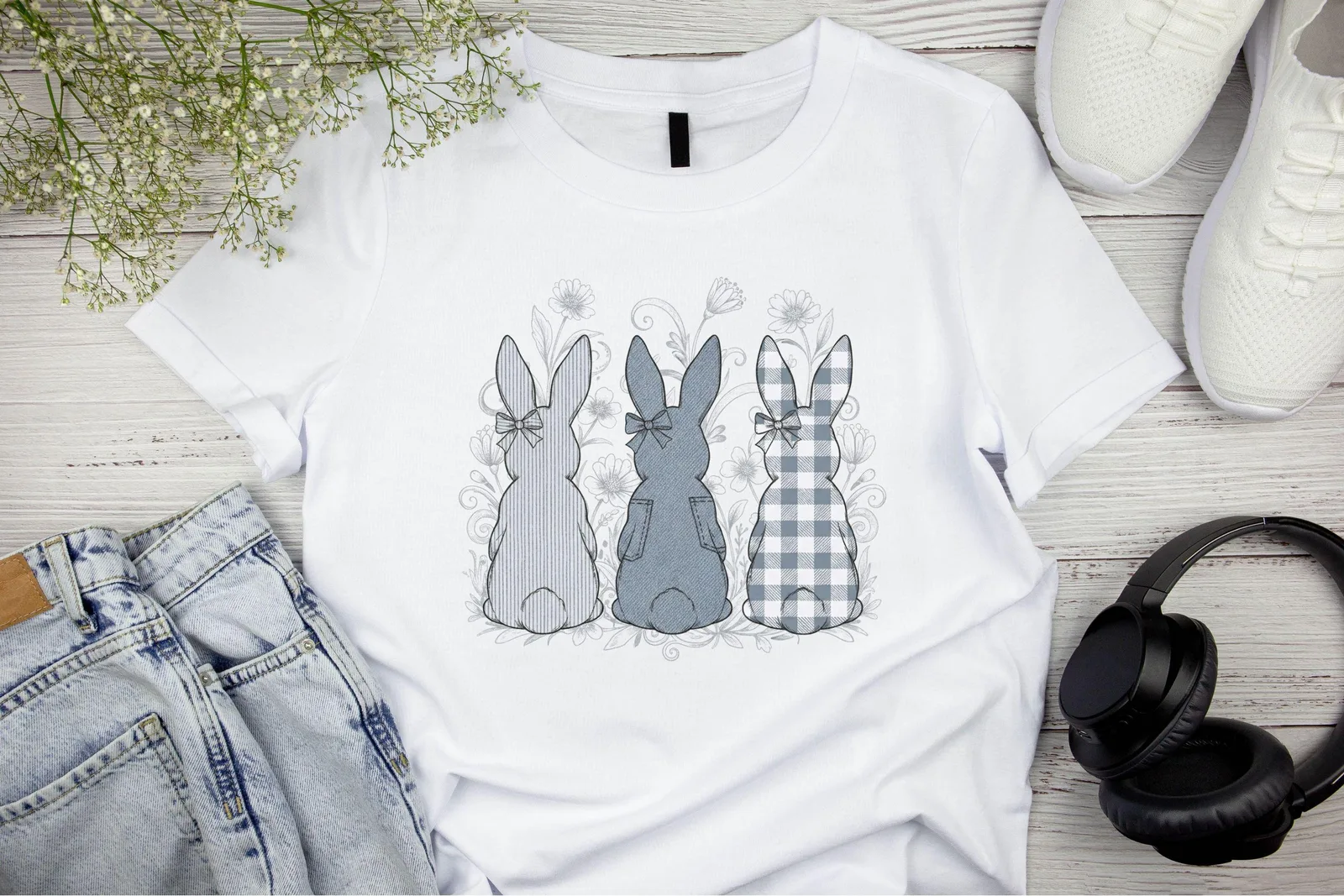 Dusty Blue Easter Bunny Trio PNG, Denim Checkered Striped Rabbit Clipart, Coquette Sublimation Design Cliparts digital download preview by Cute & Co.