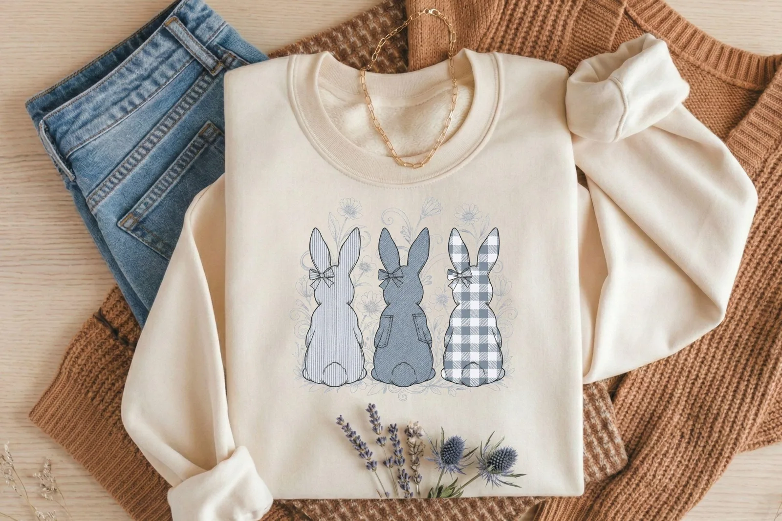 Dusty Blue Easter Bunny Trio PNG, Denim Checkered Striped Rabbit Clipart, Coquette Sublimation Design Cliparts digital download preview by Cute & Co.