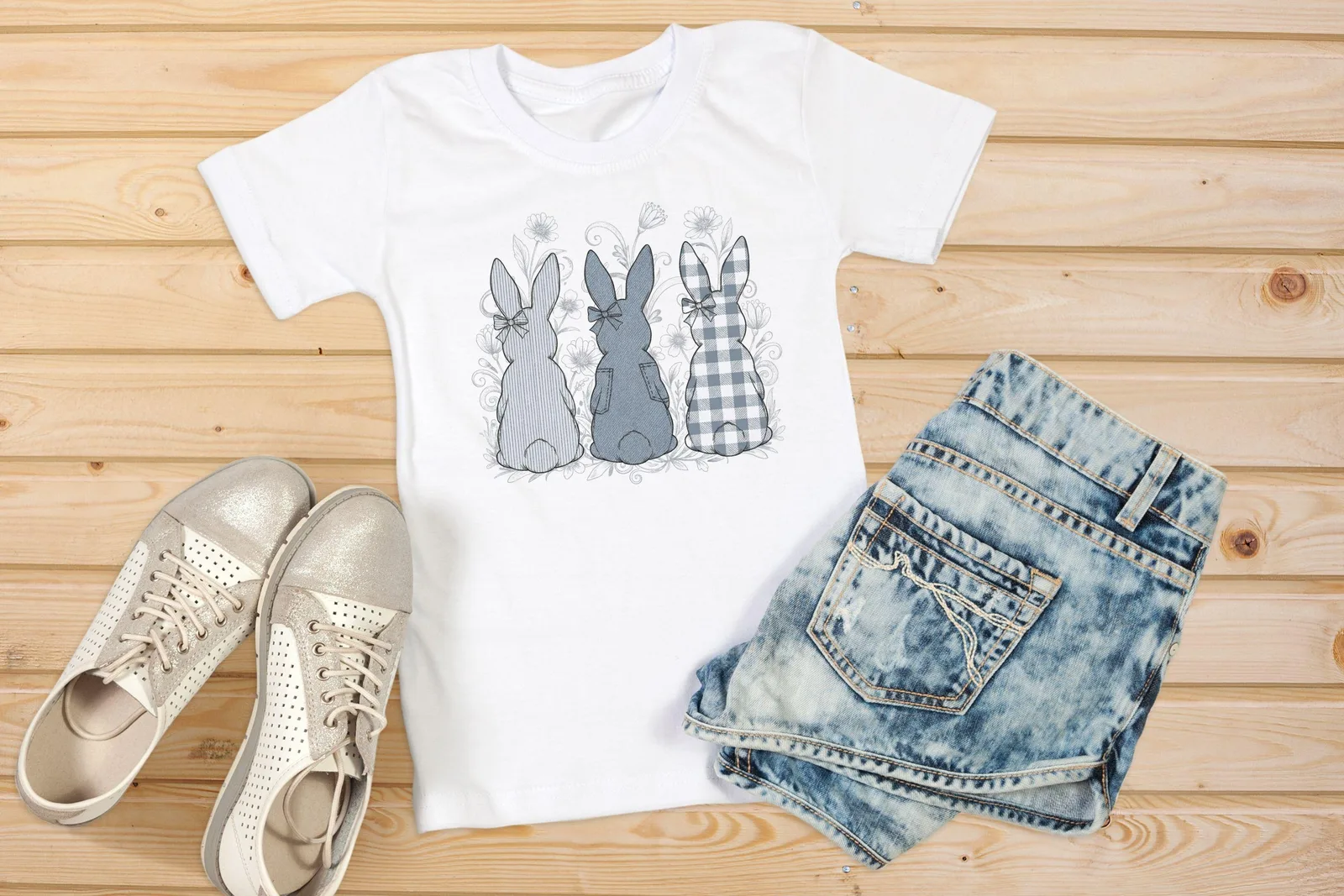 Dusty Blue Easter Bunny Trio PNG, Denim Checkered Striped Rabbit Clipart, Coquette Sublimation Design Cliparts digital download preview by Cute & Co.