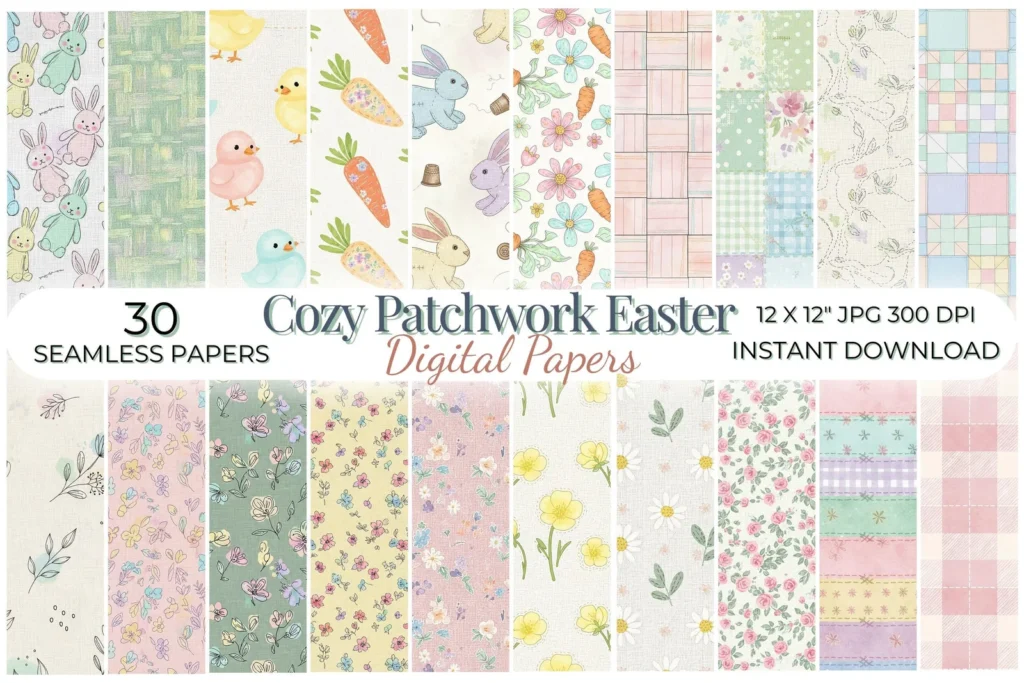 Cozy Patchwork Easter Digital Paper, Pastel Gingham Fabric Textures, Quilted Spring Seamless Patterns Digital Papers digital download preview by Cute & Co.