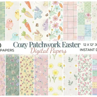 Cozy Patchwork Easter Digital Paper, Pastel Gingham Fabric Textures, Quilted Spring Seamless Patterns Digital Papers digital download preview by Cute & Co.