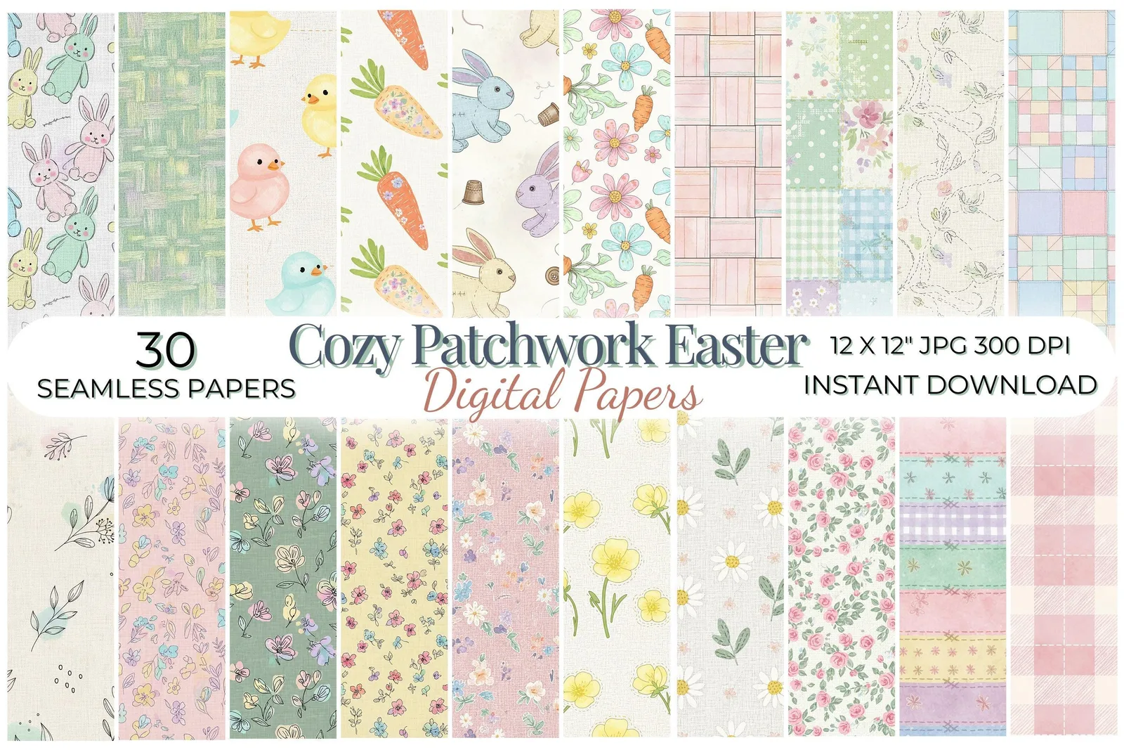 Cozy Patchwork Easter Digital Paper, Pastel Gingham Fabric Textures, Quilted Spring Seamless Patterns Digital Papers digital download preview by Cute & Co.