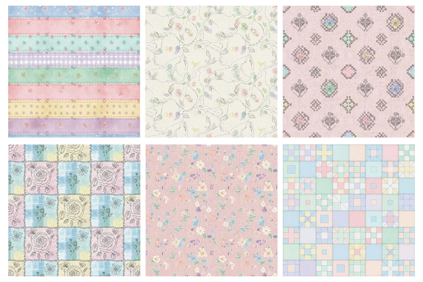 Cozy Patchwork Easter Digital Paper, Pastel Gingham Fabric Textures, Quilted Spring Seamless Patterns Digital Papers digital download preview by Cute & Co.