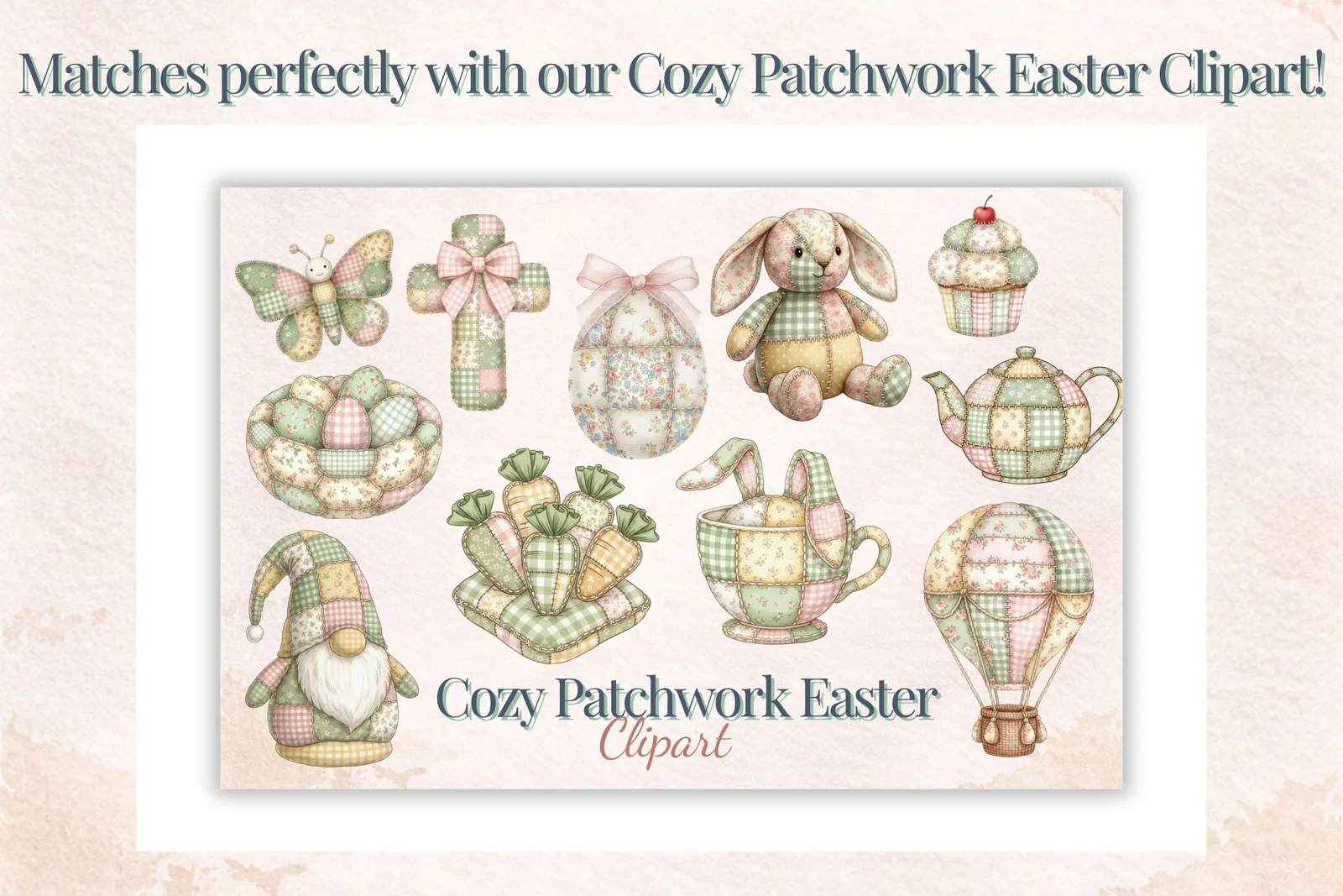 Cozy Patchwork Easter Digital Paper, Pastel Gingham Fabric Textures, Quilted Spring Seamless Patterns Digital Papers digital download preview by Cute & Co.
