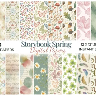 Vintage Storybook Spring Digital Paper, Muted Watercolor Textures, Cottagecore Easter Seamless Patterns Digital Papers digital download preview by Cute & Co.