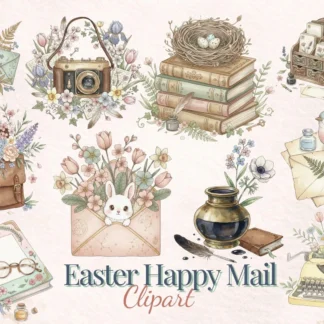 Easter Happy Mail Clipart, Vintage Spring Envelopes, Pastel Typewriter, Cottagecore Snail Mail Graphics Cliparts digital download preview by Cute & Co.