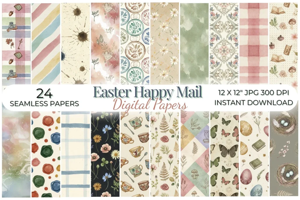 Easter Happy Mail Digital Paper, Vintage Envelope Textures, Pastel Snail Mail Seamless Patterns Digital Papers digital download preview by Cute & Co.