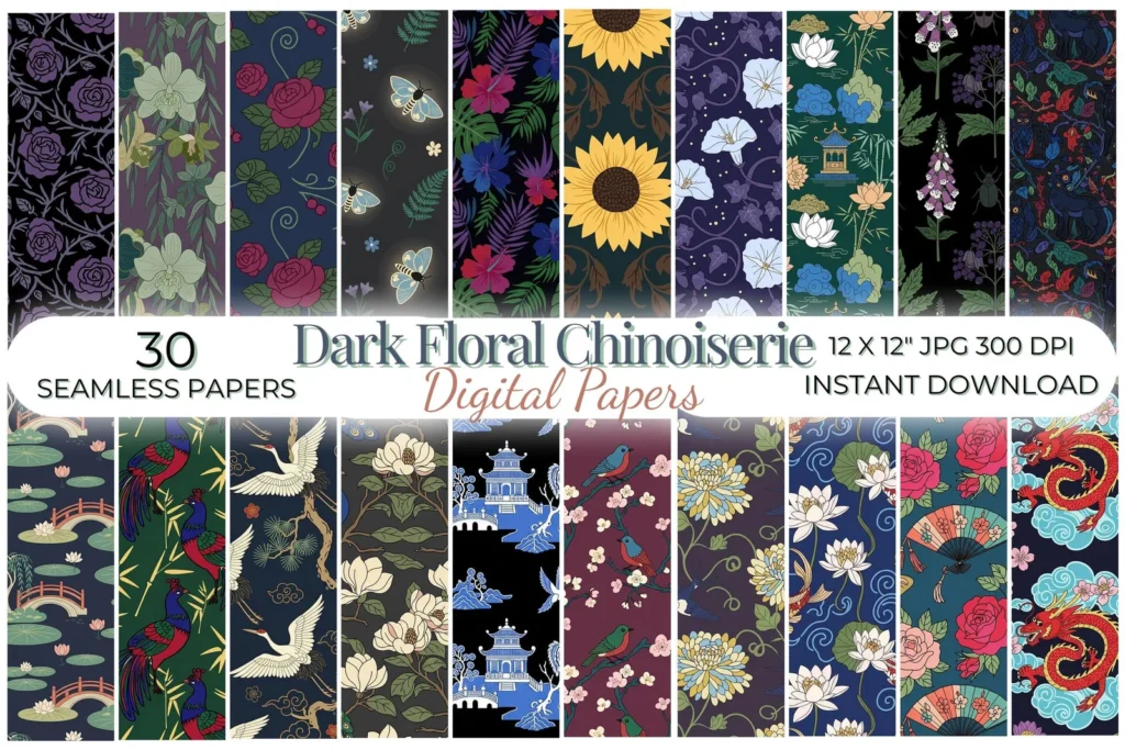 Dark Floral Chinoiserie Digital Paper Pack, Moody Botanical Patterns, Vintage Porcelain Seamless Backgrounds Digital Papers digital download preview by Cute & Co.