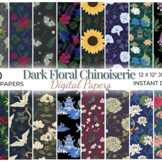 Dark Floral Chinoiserie Digital Paper Pack, Moody Botanical Patterns, Vintage Porcelain Seamless Backgrounds Digital Papers digital download preview by Cute & Co.