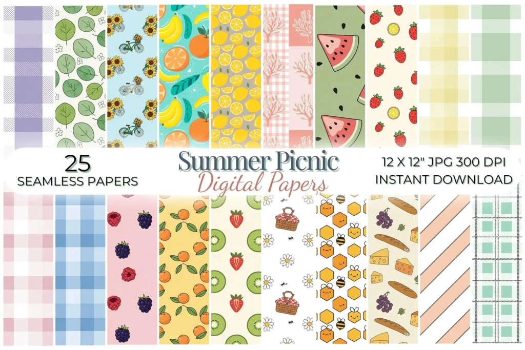 Summer Picnic Seamless Digital Paper Pack, Gingham Patterns, Watercolor Fruits Backgrounds Digital Papers digital download preview by Cute & Co.