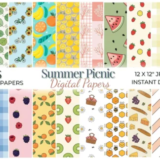 Summer Picnic Seamless Digital Paper Pack, Gingham Patterns, Watercolor Fruits Backgrounds Digital Papers digital download preview by Cute & Co.