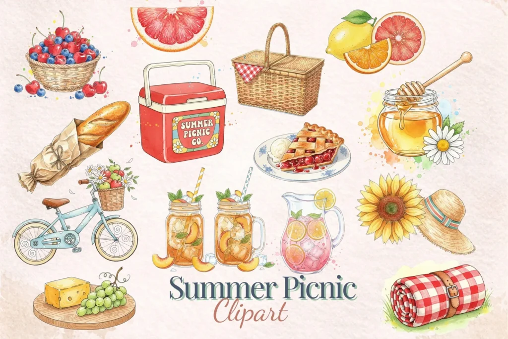 Summer Picnic Clipart Bundle, Watercolor Fruits, Vintage Basket, Quirky Strawberry Lemonade PNG Cliparts digital download preview by Cute & Co.