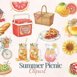 Summer Picnic Clipart Bundle, Watercolor Fruits, Vintage Basket, Quirky Strawberry Lemonade PNG Cliparts digital download preview by Cute & Co.