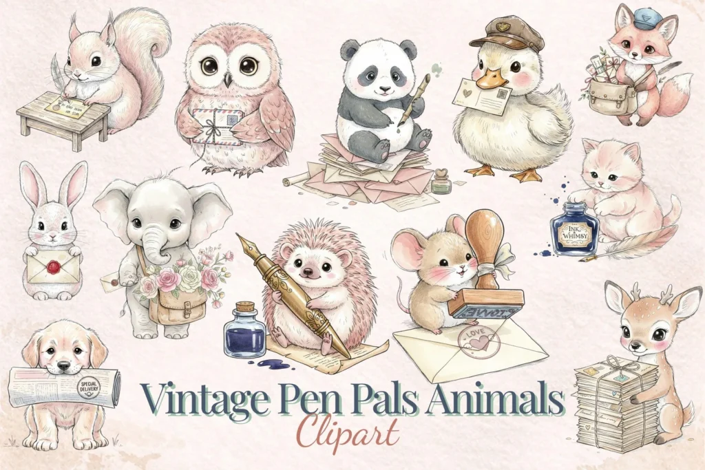 Vintage Pen Pals Animal Clipart, Woodland Mailbox PNG Bundle (Digital Download) Cliparts digital download preview by Cute & Co.