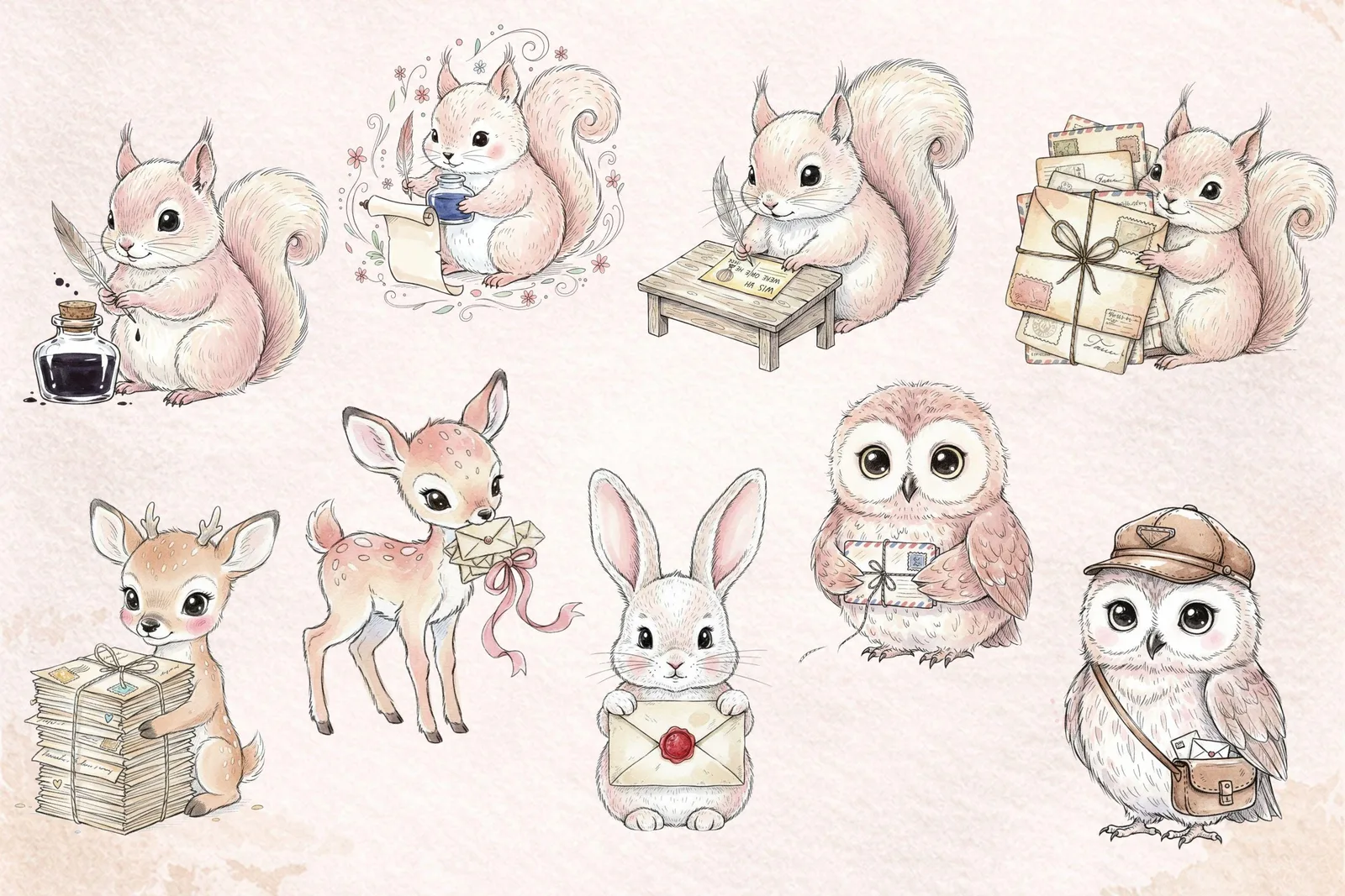 Vintage Pen Pals Animal Clipart, Woodland Mailbox PNG Bundle (Digital Download) Cliparts digital download preview by Cute & Co.