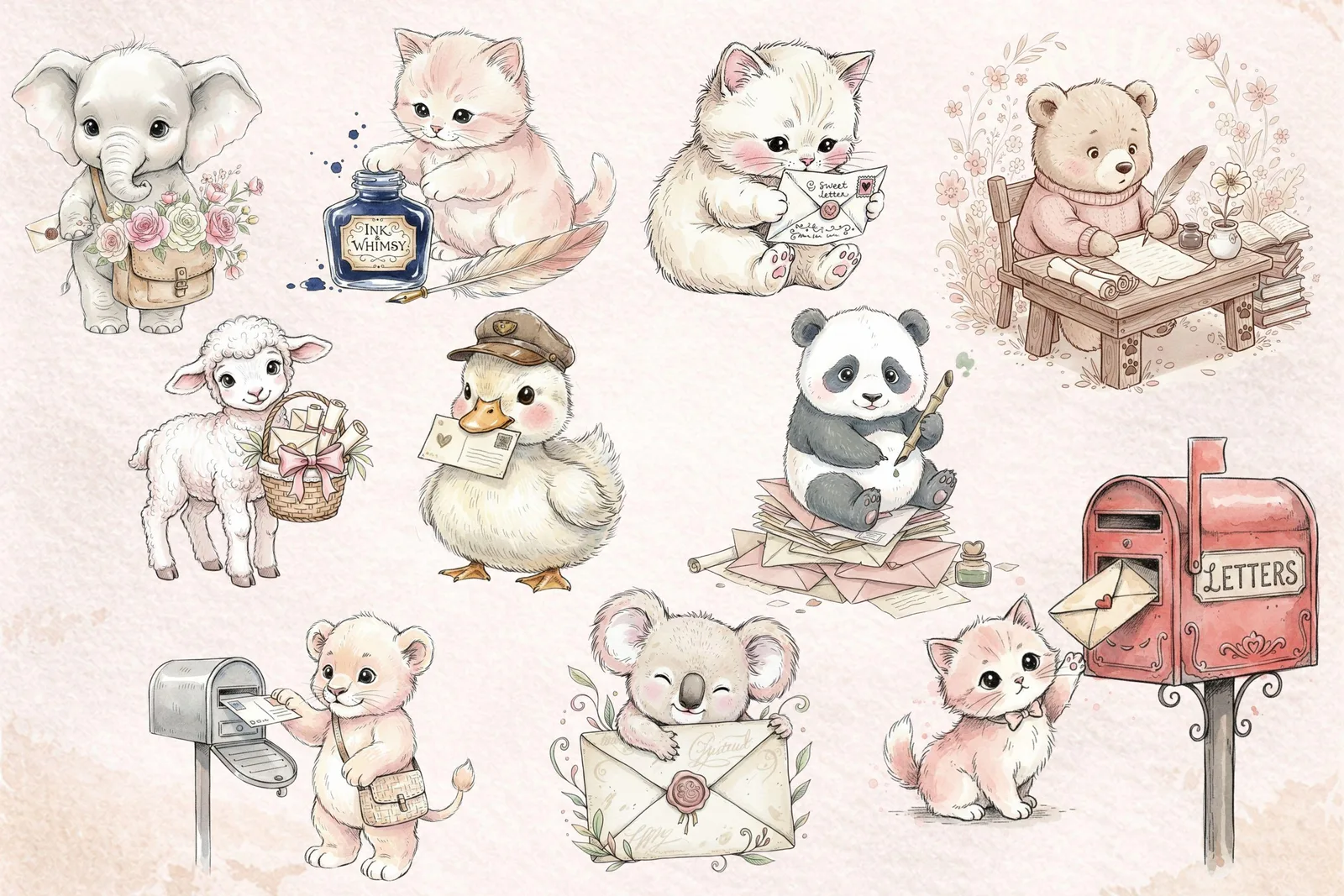 Vintage Pen Pals Animal Clipart, Woodland Mailbox PNG Bundle (Digital Download) Cliparts digital download preview by Cute & Co.