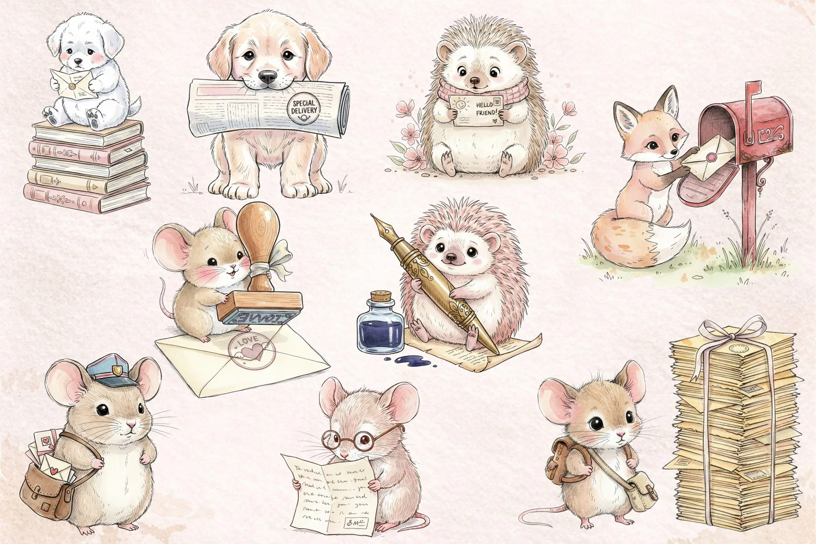 Vintage Pen Pals Animal Clipart, Woodland Mailbox PNG Bundle (Digital Download) Cliparts digital download preview by Cute & Co.