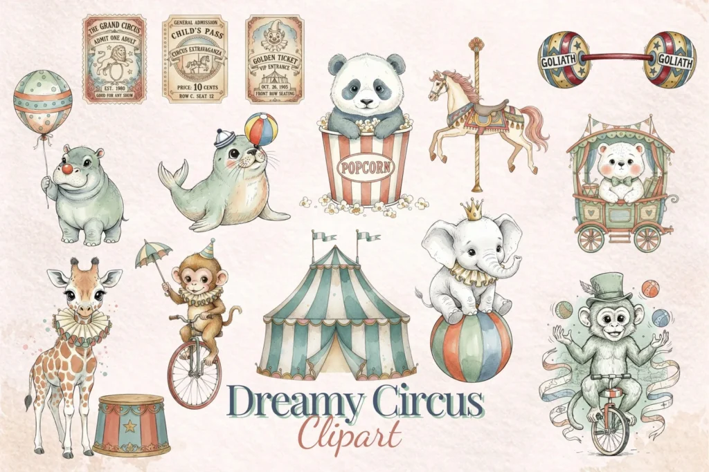 Vintage Circus Clipart Bundle, Pastel Carnival Animals PNG, Dreamy Hand Drawn Carousel Horse Cliparts digital download preview by Cute & Co.